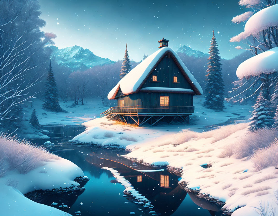 Snowy winter cabin by river with twilight mountains