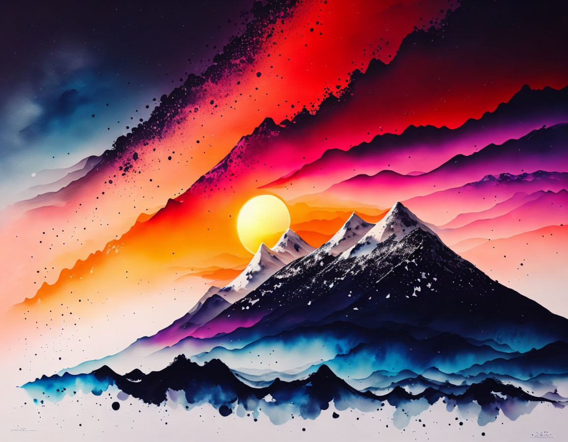 Colorful Mountain Landscape Painting with Sunset Sky