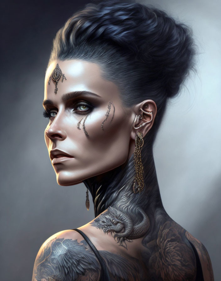 Portrait of woman with updo, facial tattoos, makeup, neck tattoos, statement earrings