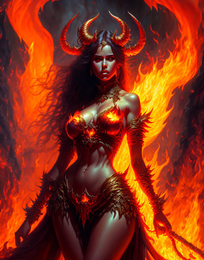 Fantasy illustration of horned woman in fiery attire against roaring flames