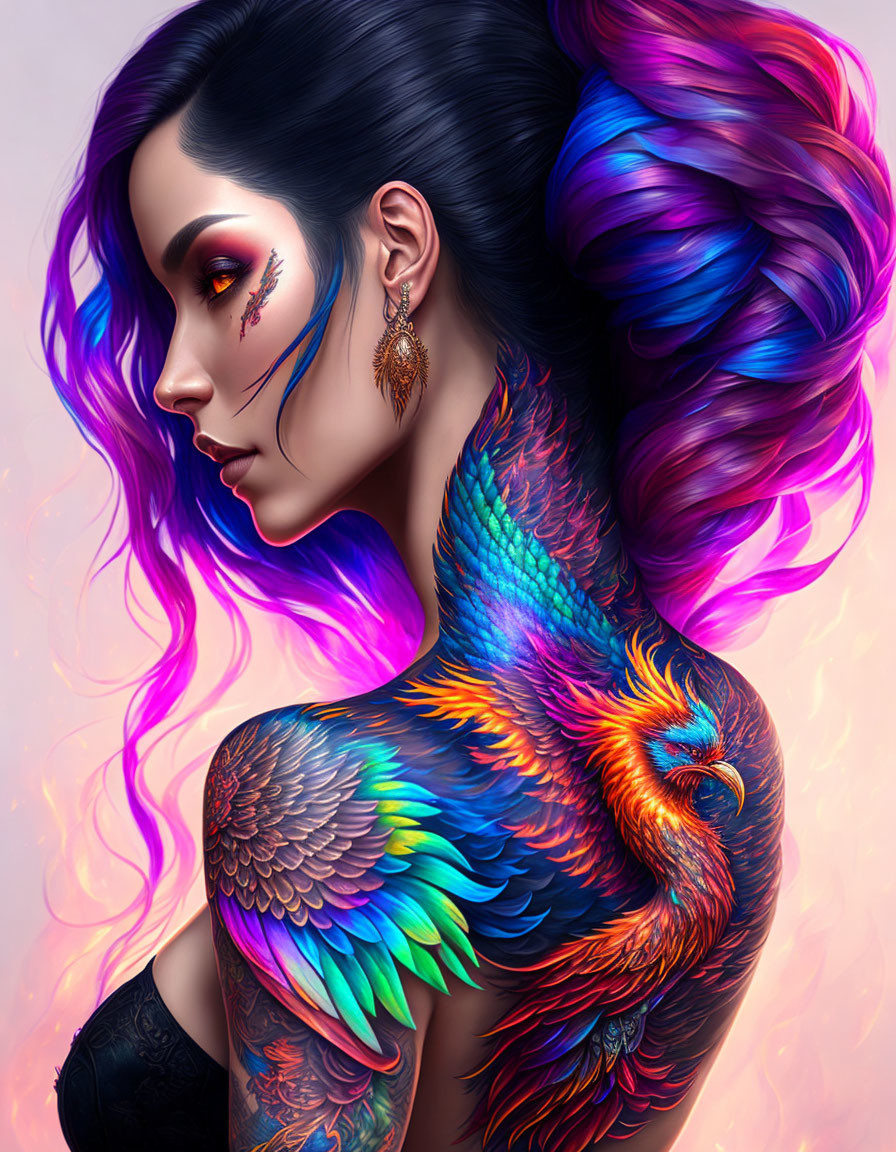Vibrant multi-colored hair woman with phoenix tattoo and elaborate makeup.