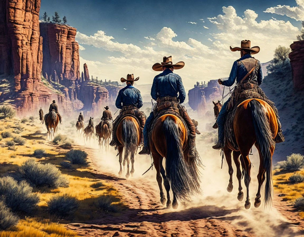 Cowboys on horseback riding through desert canyon with red rock formations under clear blue sky