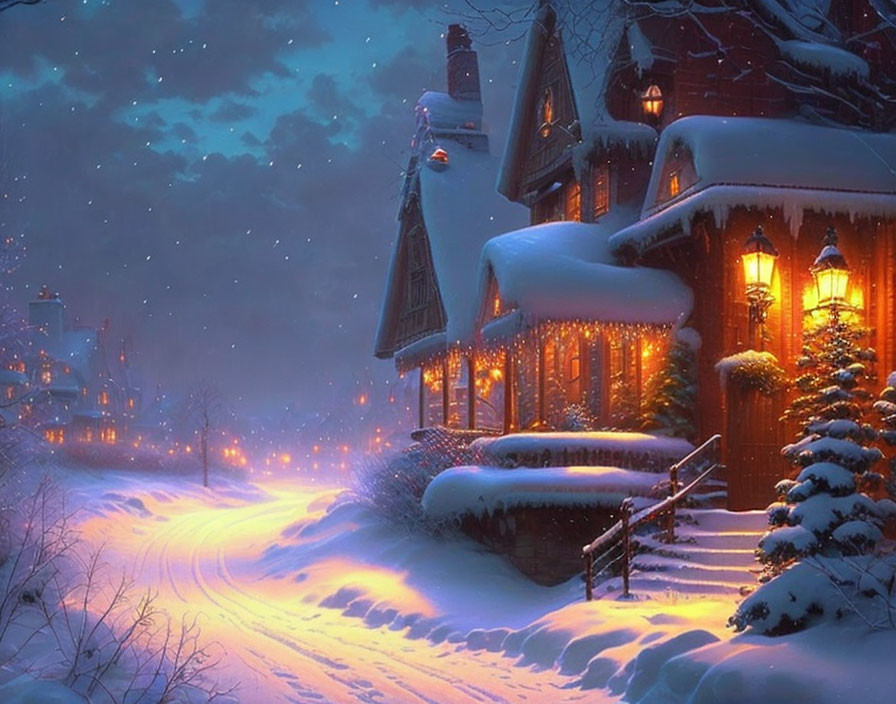 Snow-covered cottage in serene winter landscape