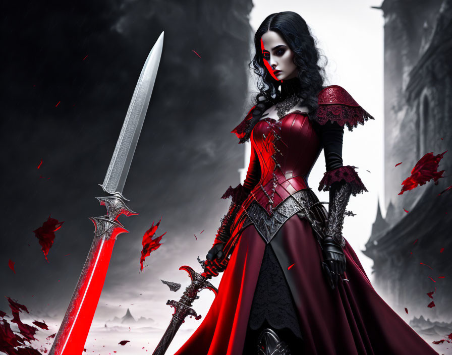 Fierce woman in red and black gothic dress with sword in front of stormy castle