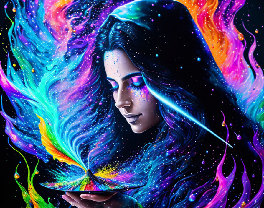 Colorful digital artwork: Woman with cosmic hair and butterfly on hand