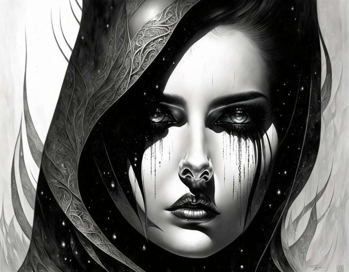 Monochromatic artwork: Woman with dark hair, detailed veil, somber expression.