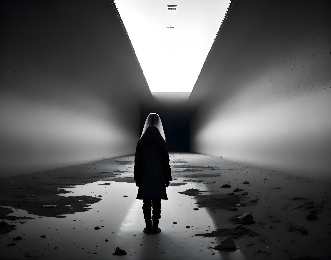 Hooded figure in dark corridor with dramatic lighting