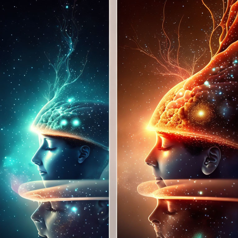 Digital artwork: Two human heads in cool blue and warm orange tones with cosmic theme