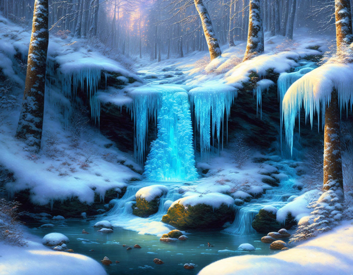 Snowy forest with blue waterfall and icicles in soft sunlight