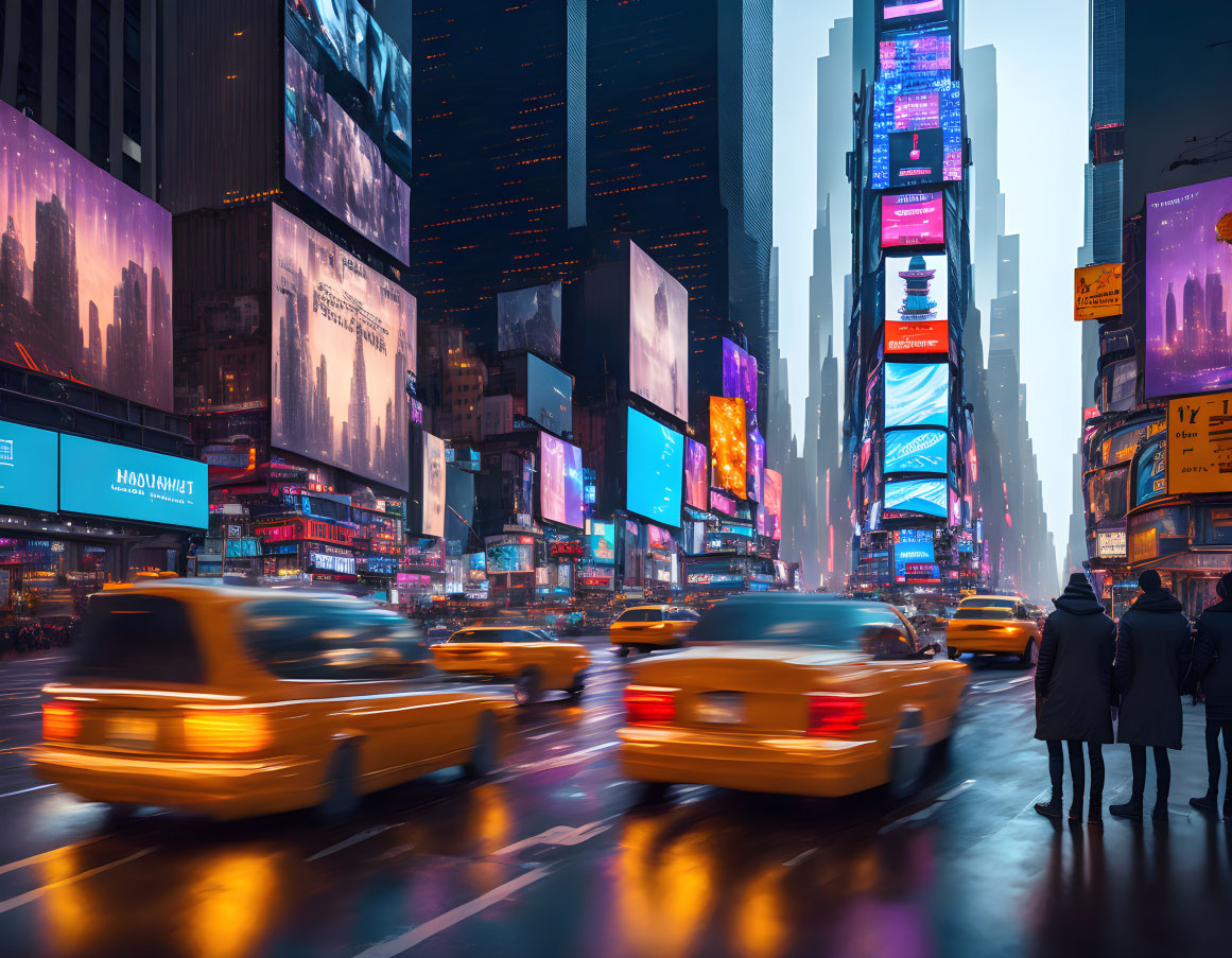 City street at twilight: billboards, taxis, pedestrians, skyscrapers.