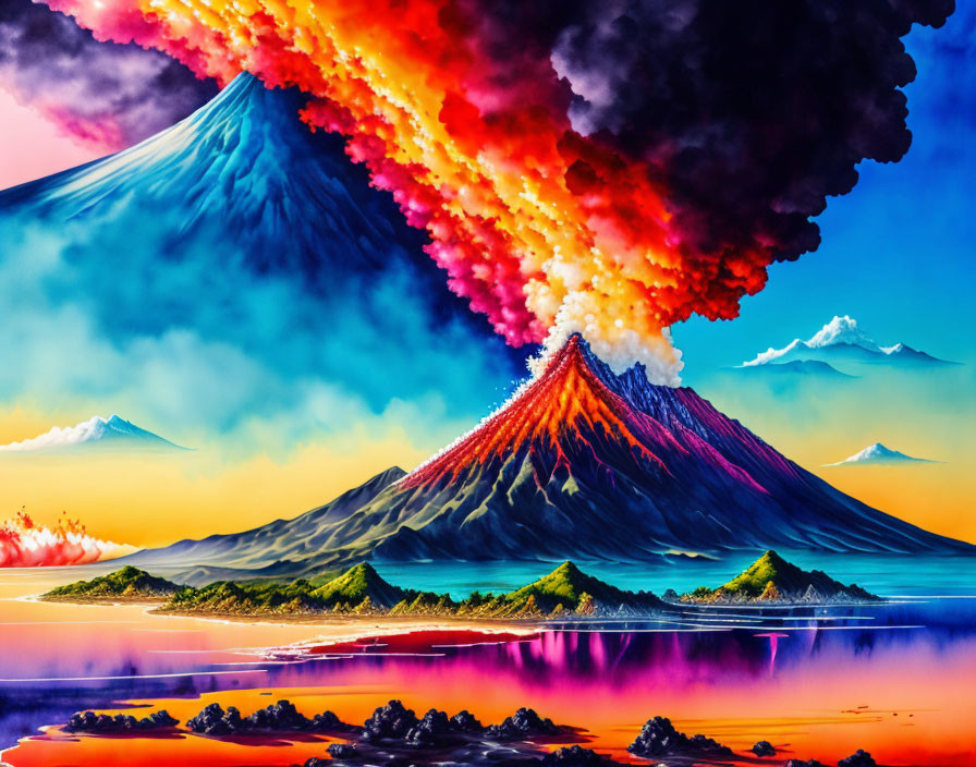 Erupting volcano with fiery lava flows and colorful sky reflection