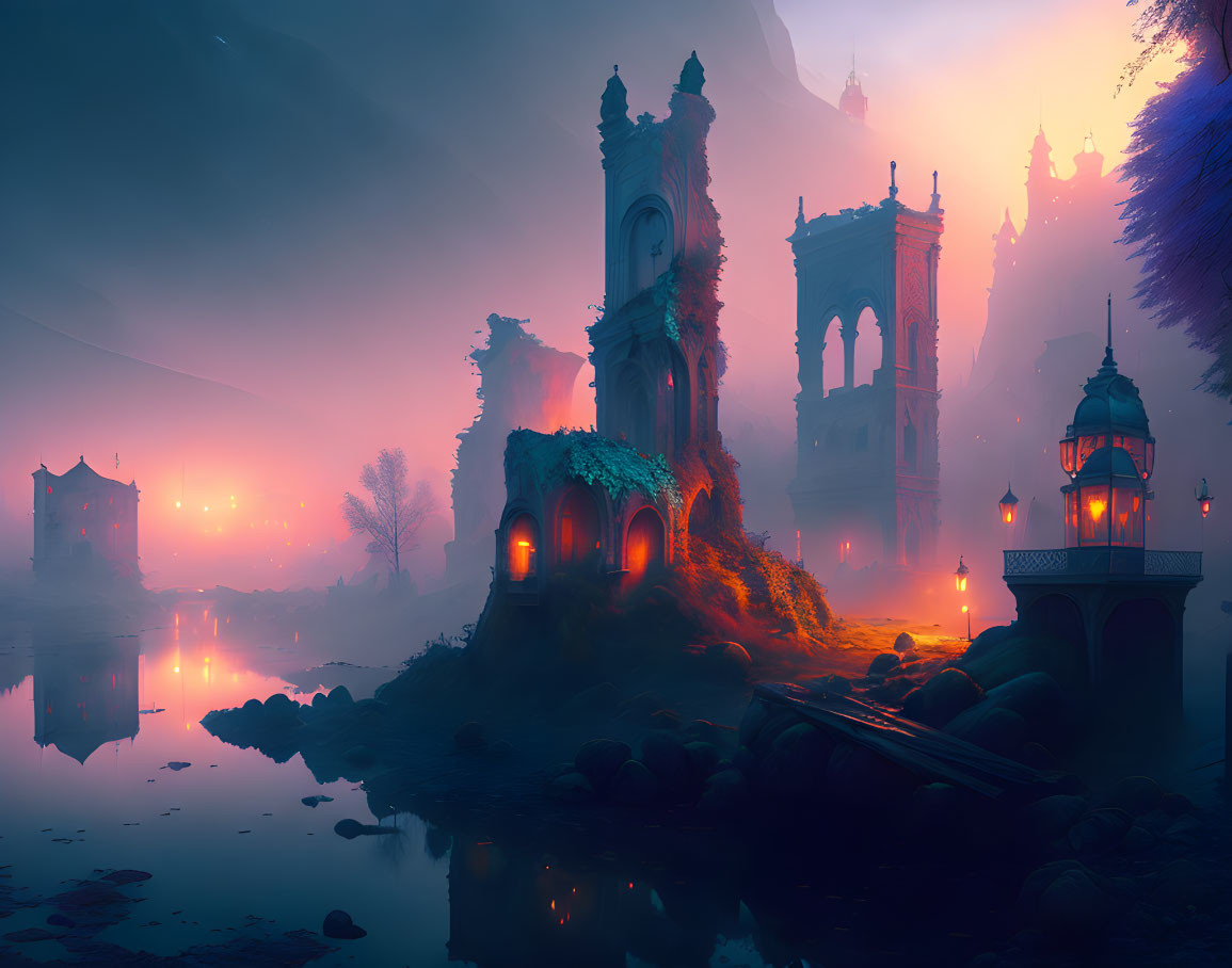 Twilight scene with ruins, lanterns, fog, and water reflections