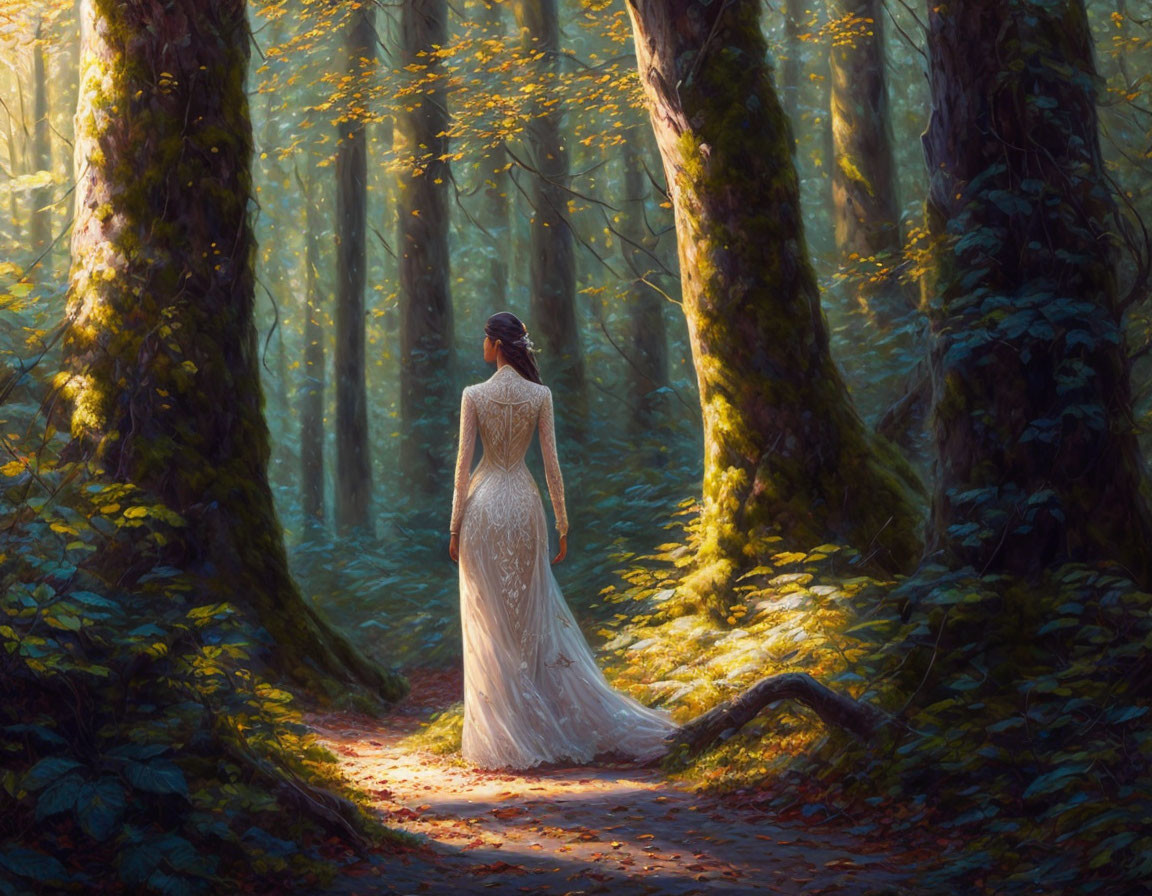 Woman in white dress in sunlit forest with falling leaves