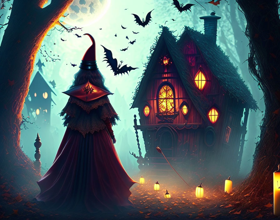 Mysterious Figure in Cloak Near Spooky House with Bats, Trees, Full Moon, and