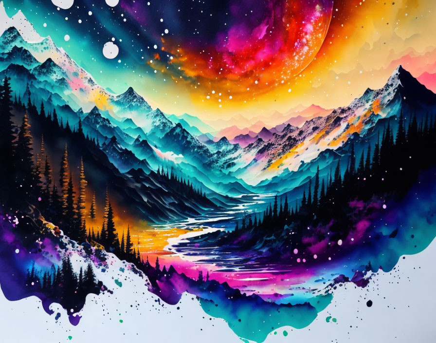 Colorful Mountain Landscape with Cosmic Sky and River