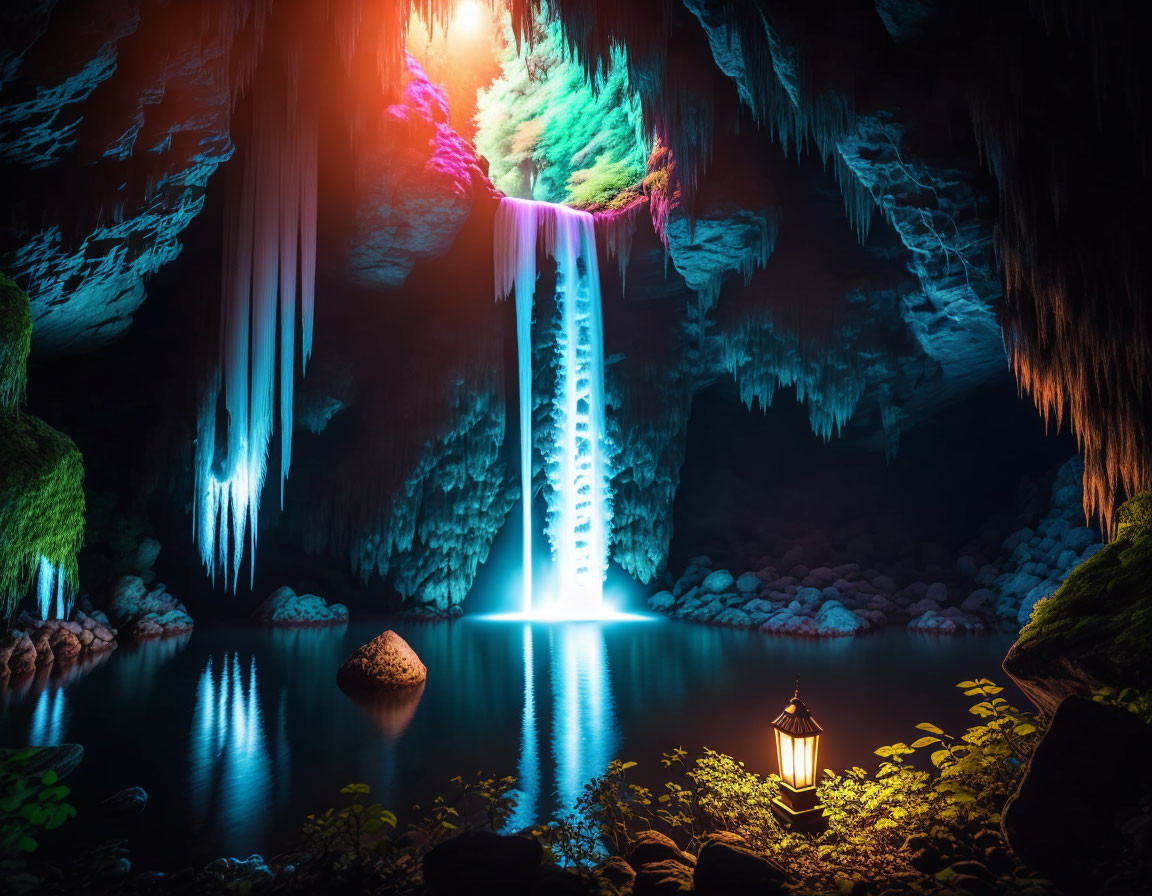 Tranquil pool with illuminated lantern in mystical cave