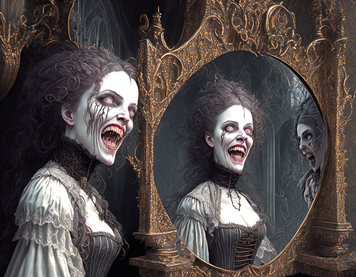 Gothic horror scene: woman with dual reflections, one vampire-like, the other with a gh