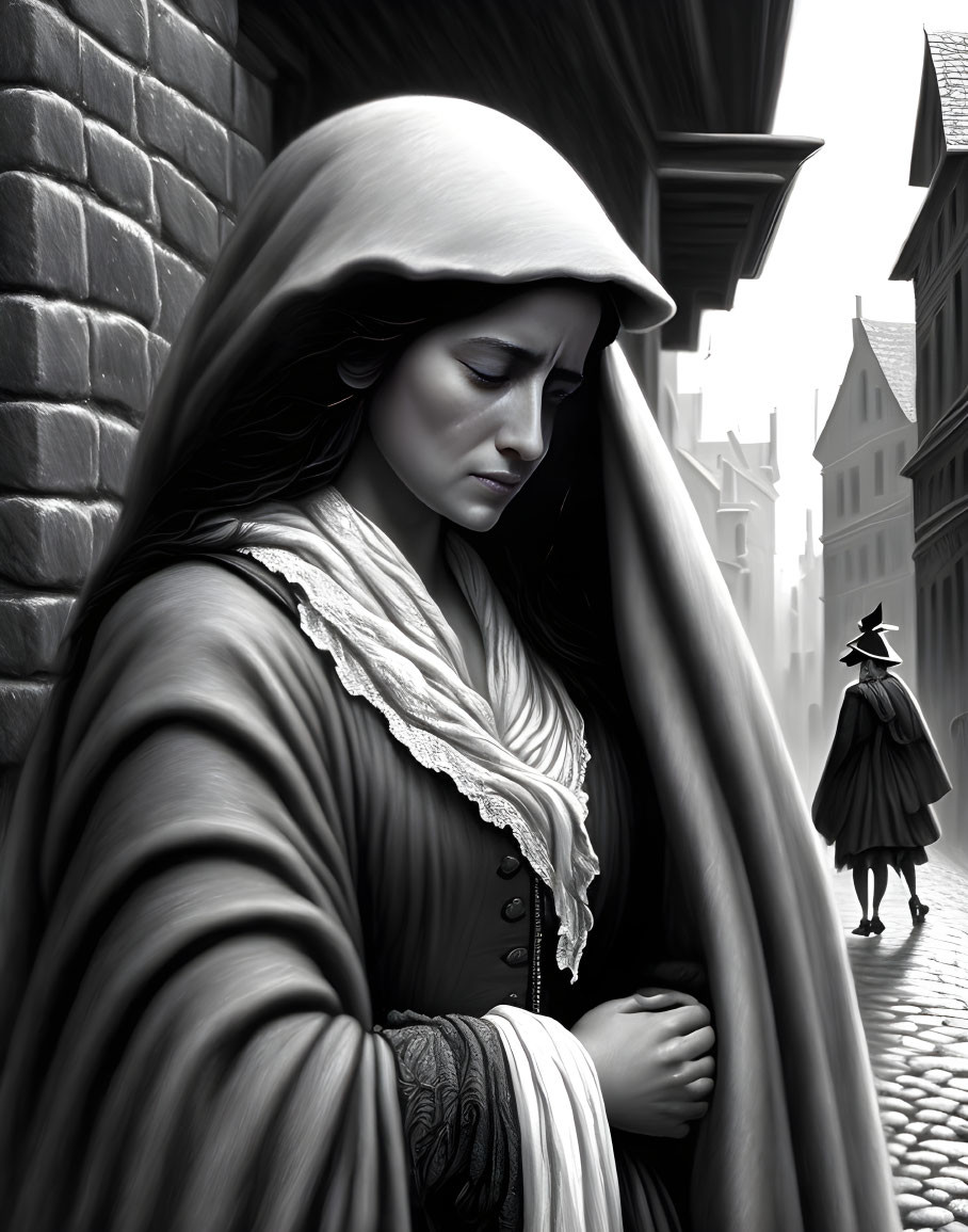 Hooded woman walking on cobblestone street with figure in hat