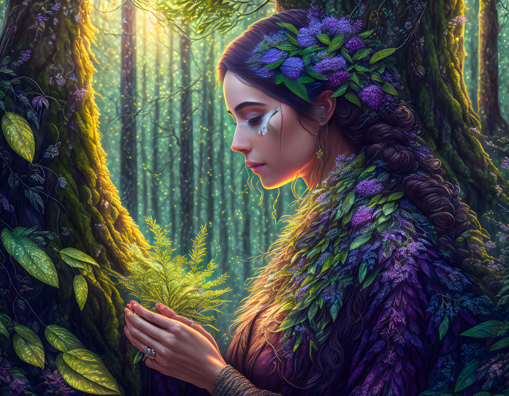 Woman with foliage and flowers in enchanted forest touching ferns under sunlight