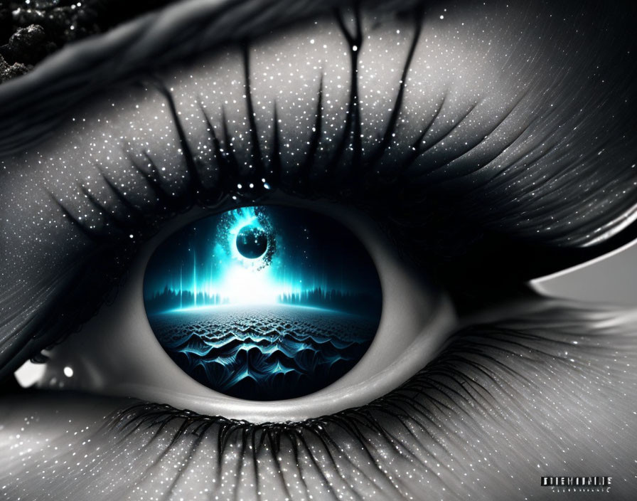 Detailed Close-Up: Black Sclera Eye with Moonlit Ocean Reflection