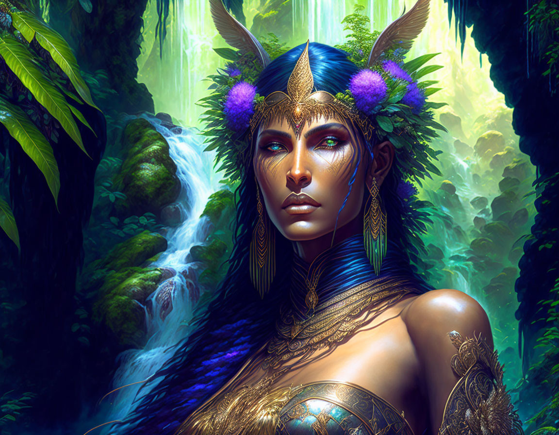 Golden-armored female in blue warpaint in lush jungle with waterfall