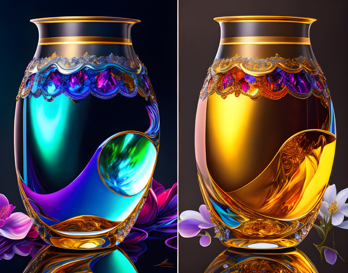 Ornate Reflective Vases with Gold Detailing and Iridescent Colors