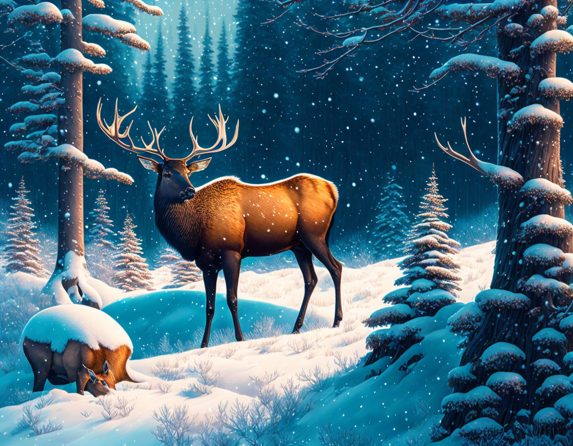 Majestic stag with luminous antlers in snow-covered forest with fox