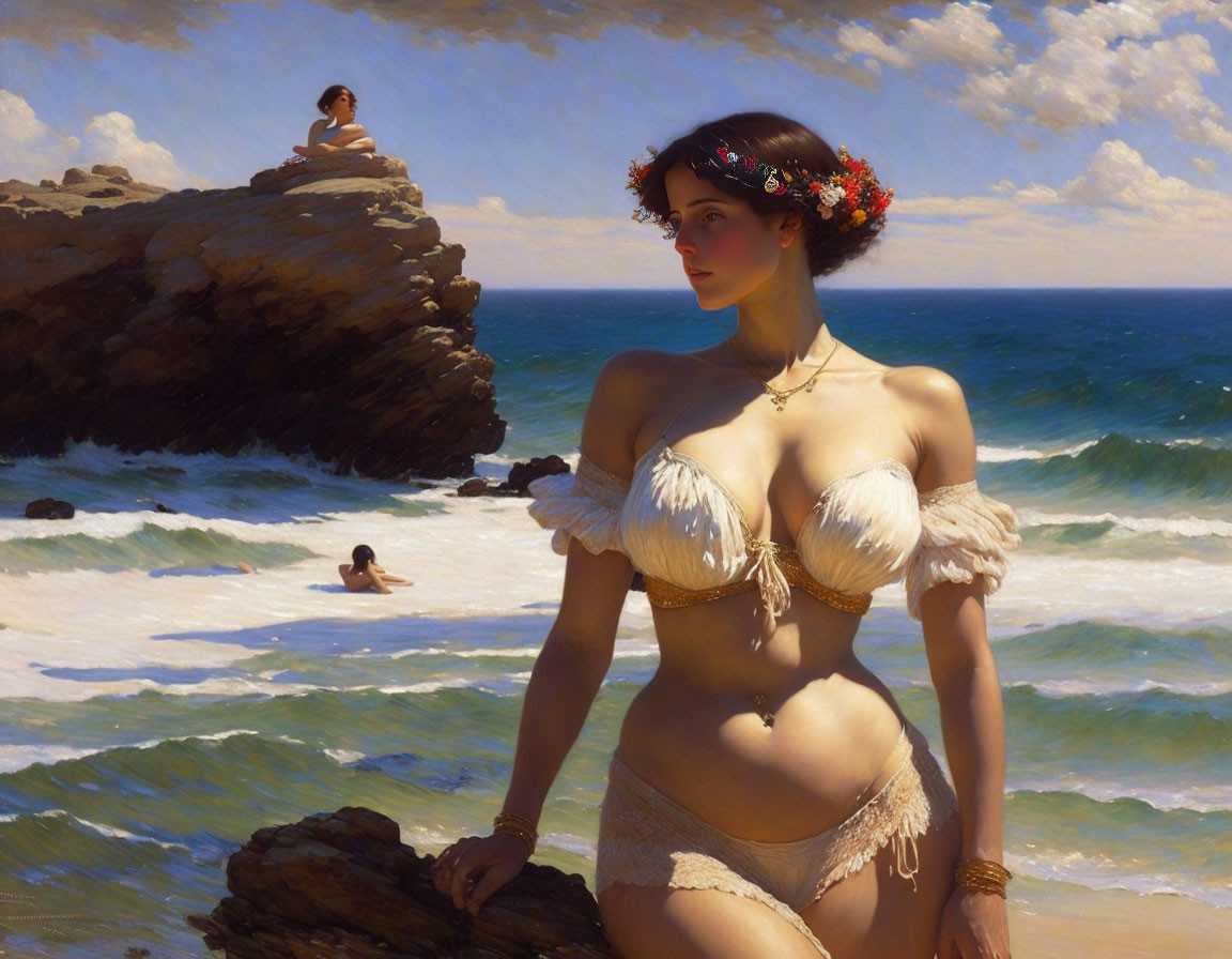 Classical-style painting of woman on beach with ocean background