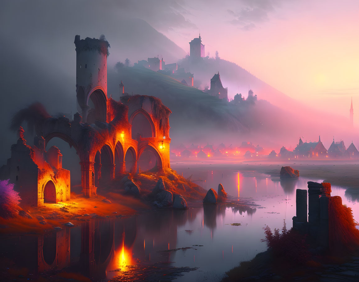 Tranquil fantasy landscape: illuminated ruins, reflective river, rolling hills, castle in misty dusk