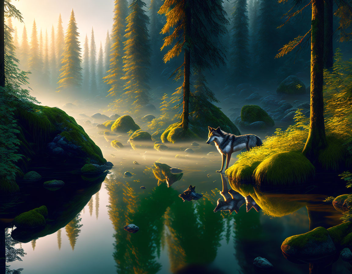 Enchanting forest landscape with wolf by pond, mossy rocks, lush greenery.