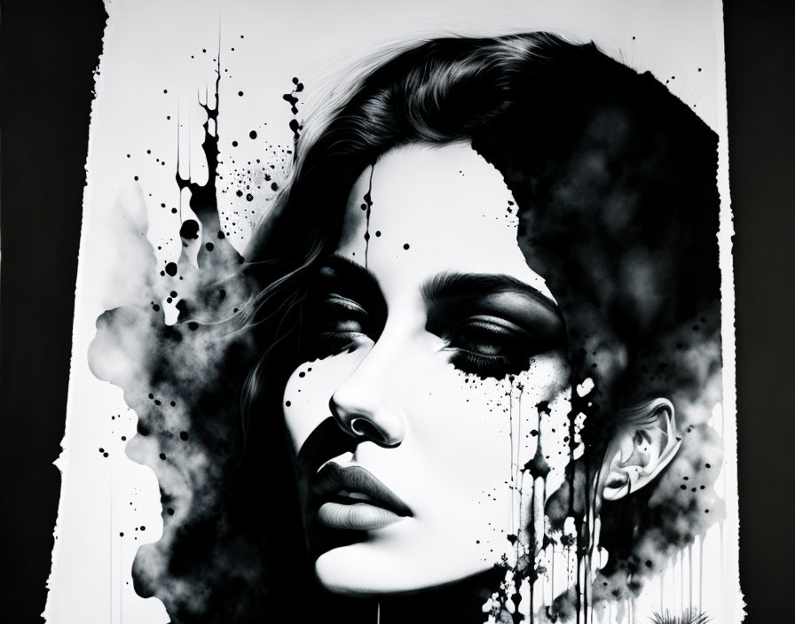 Monochromatic portrait of a serene woman with splattered ink effects