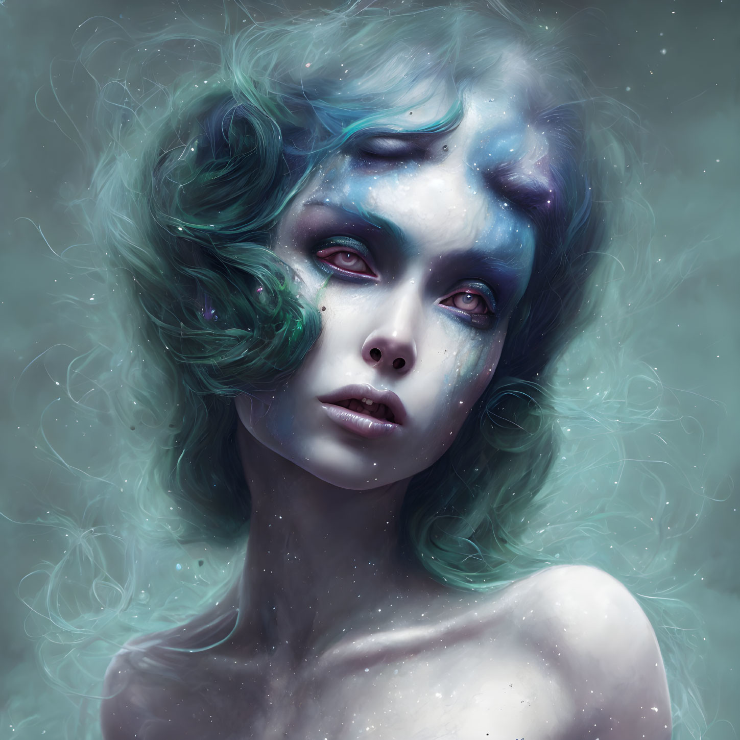 Surreal portrait of woman with cosmic patterns, red eyes, and nebula hair