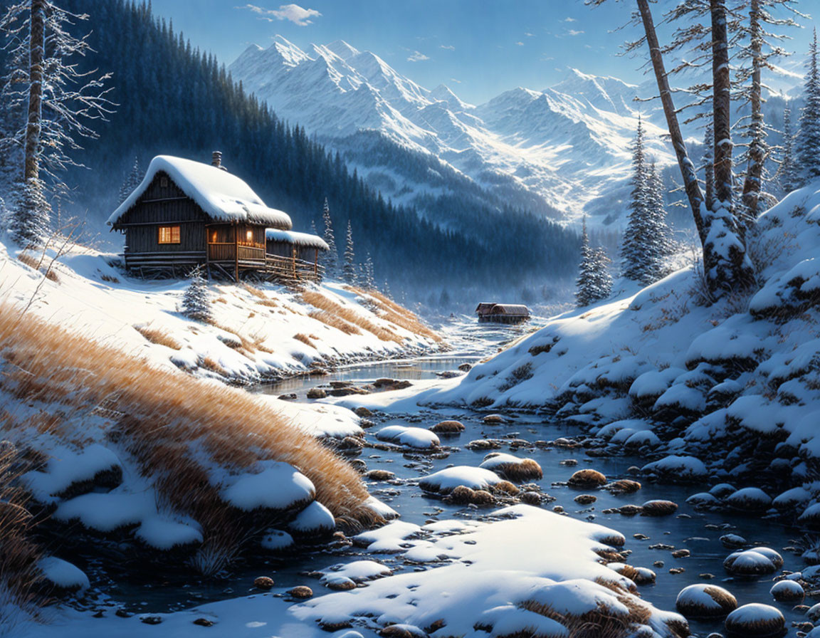 Snow-covered stream and cozy wooden cabin in tranquil winter landscape