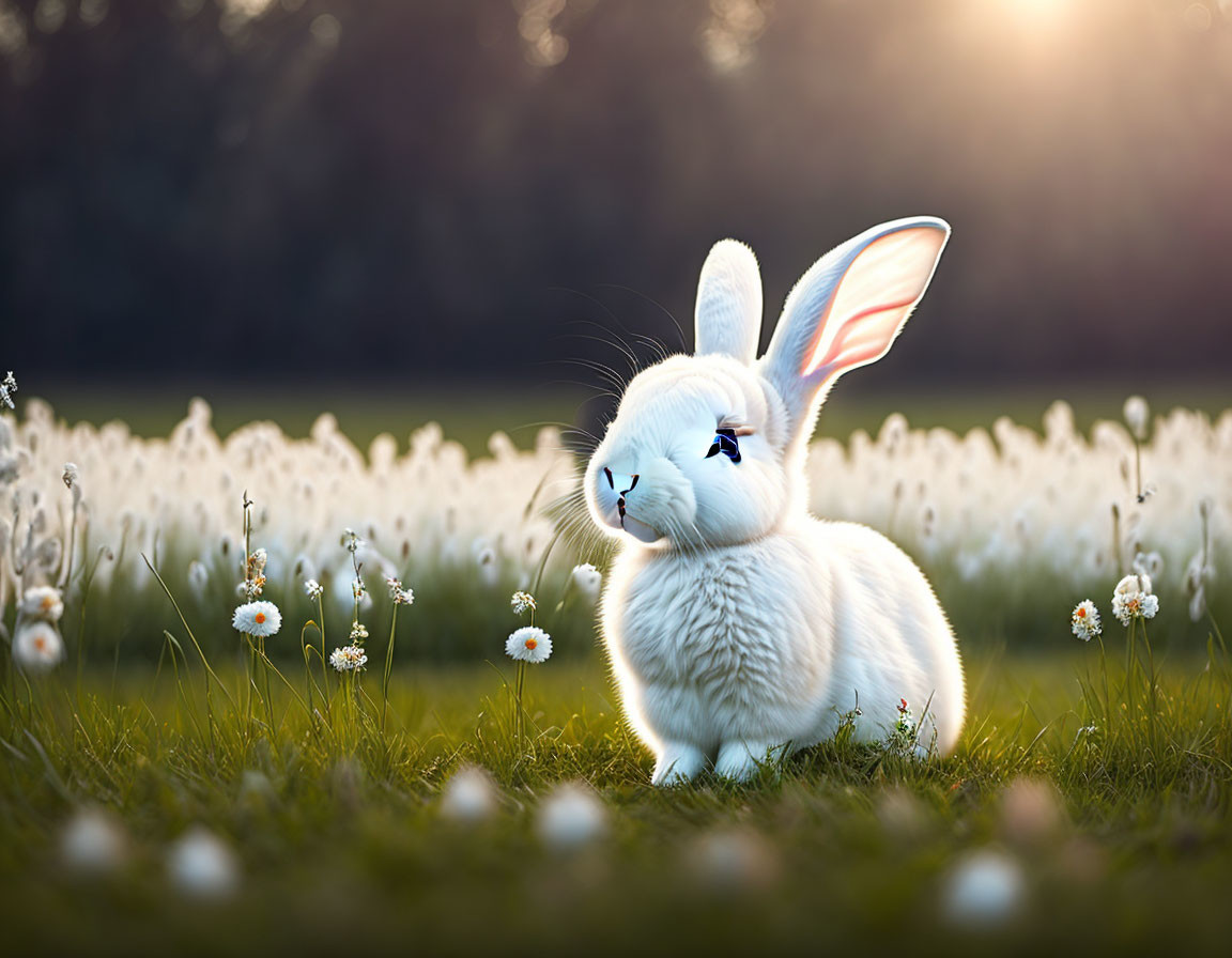 White Rabbit in Sunlit Field with Daisies at Sunset