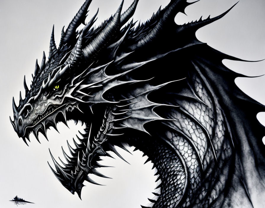 Detailed monochrome drawing of menacing dragon with sharp horns and scales