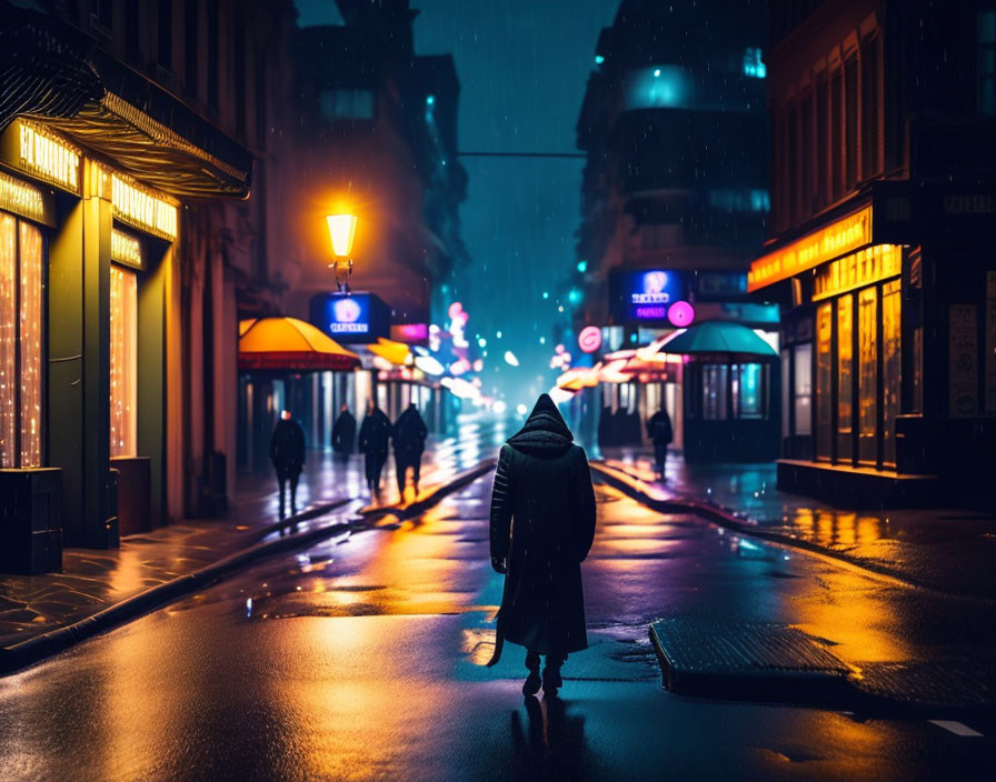 Solitary figure walking on wet city street at night