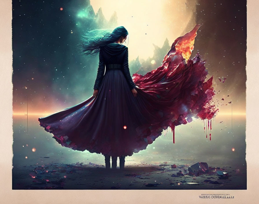 Woman with flowing hair in cosmic landscape with fiery nebula dress.