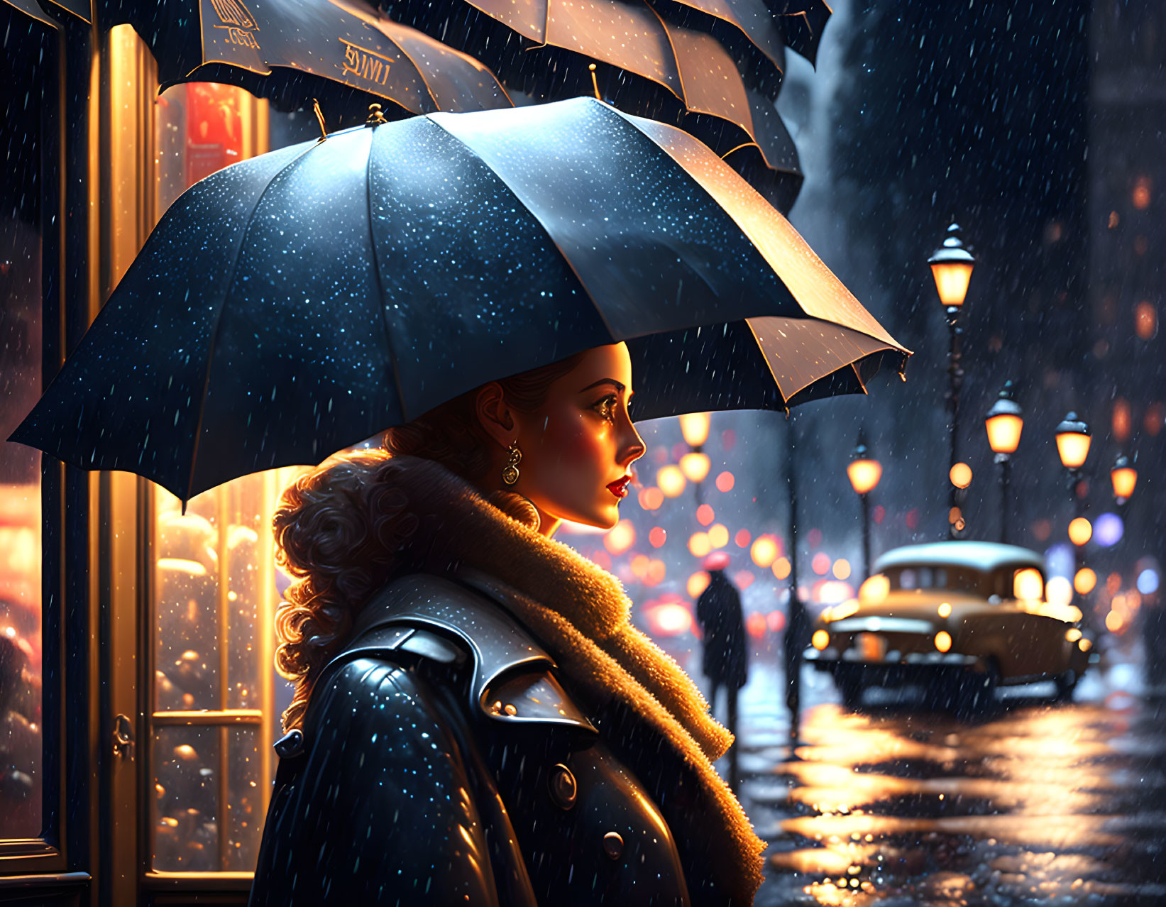 Woman with umbrella on rainy city street at night under warm streetlights