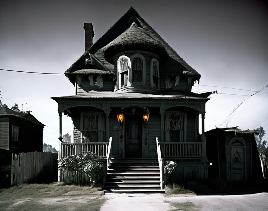 Eerie Victorian-style house with ornate details and front staircase