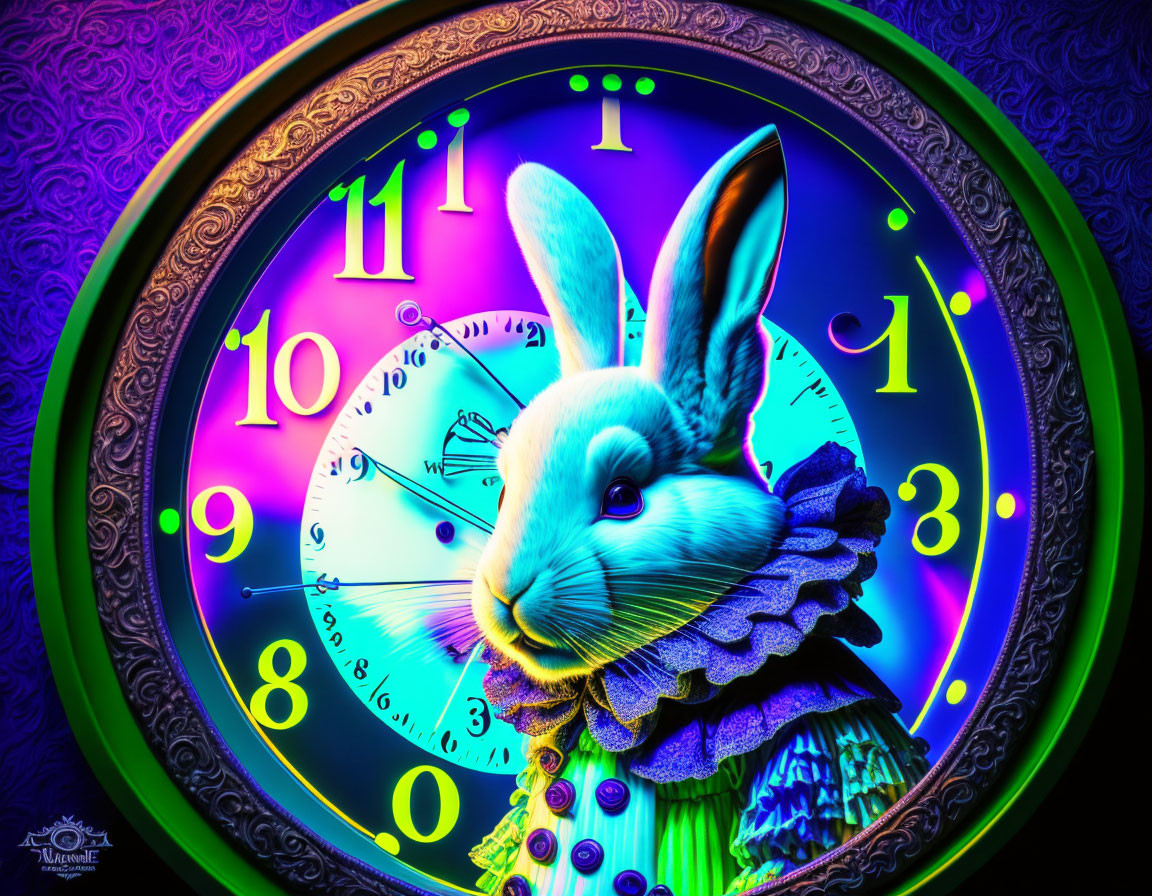 Whimsical clock with rabbit in ruffled collar symbolizing White Rabbit