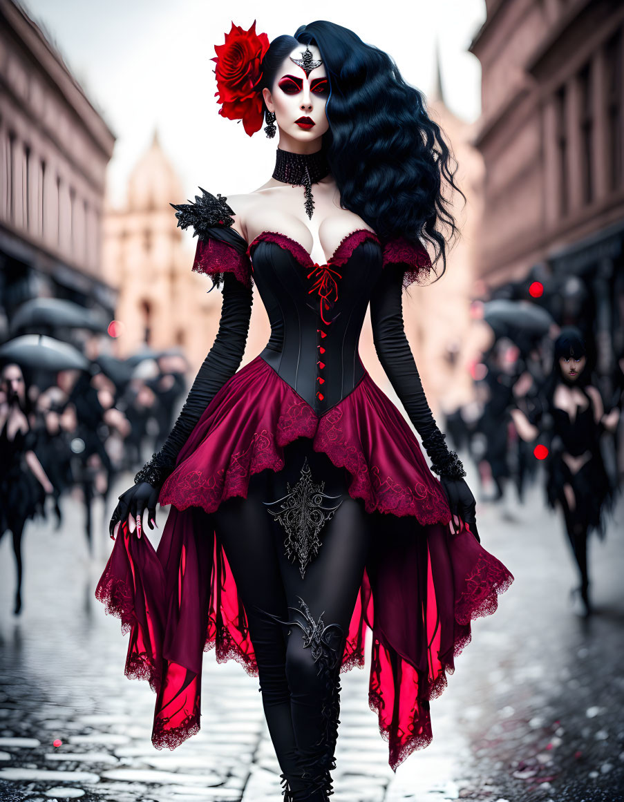 Gothic woman in black and red corset on cobblestone street