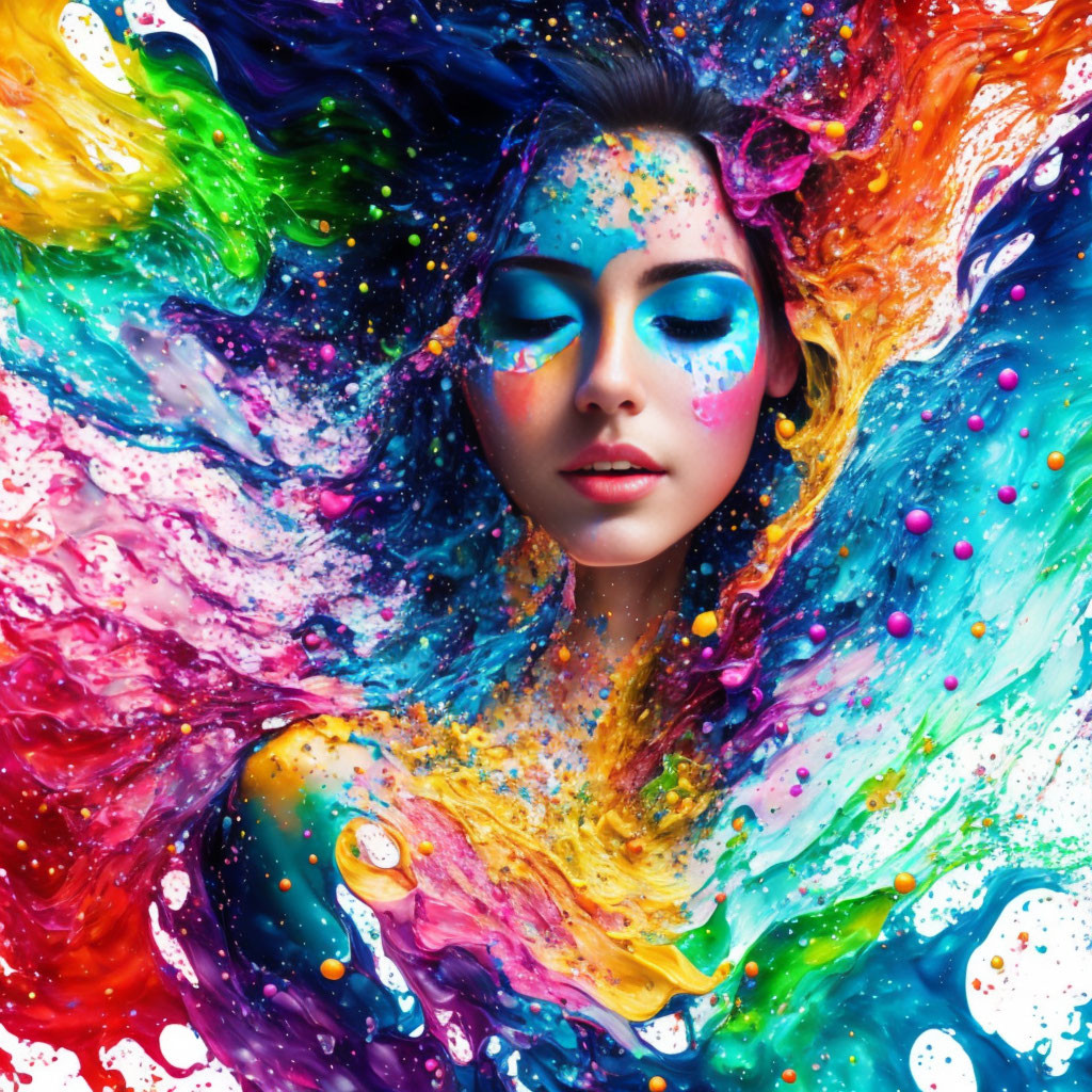 Colorful makeup woman amidst vibrant paint splashes on white backdrop