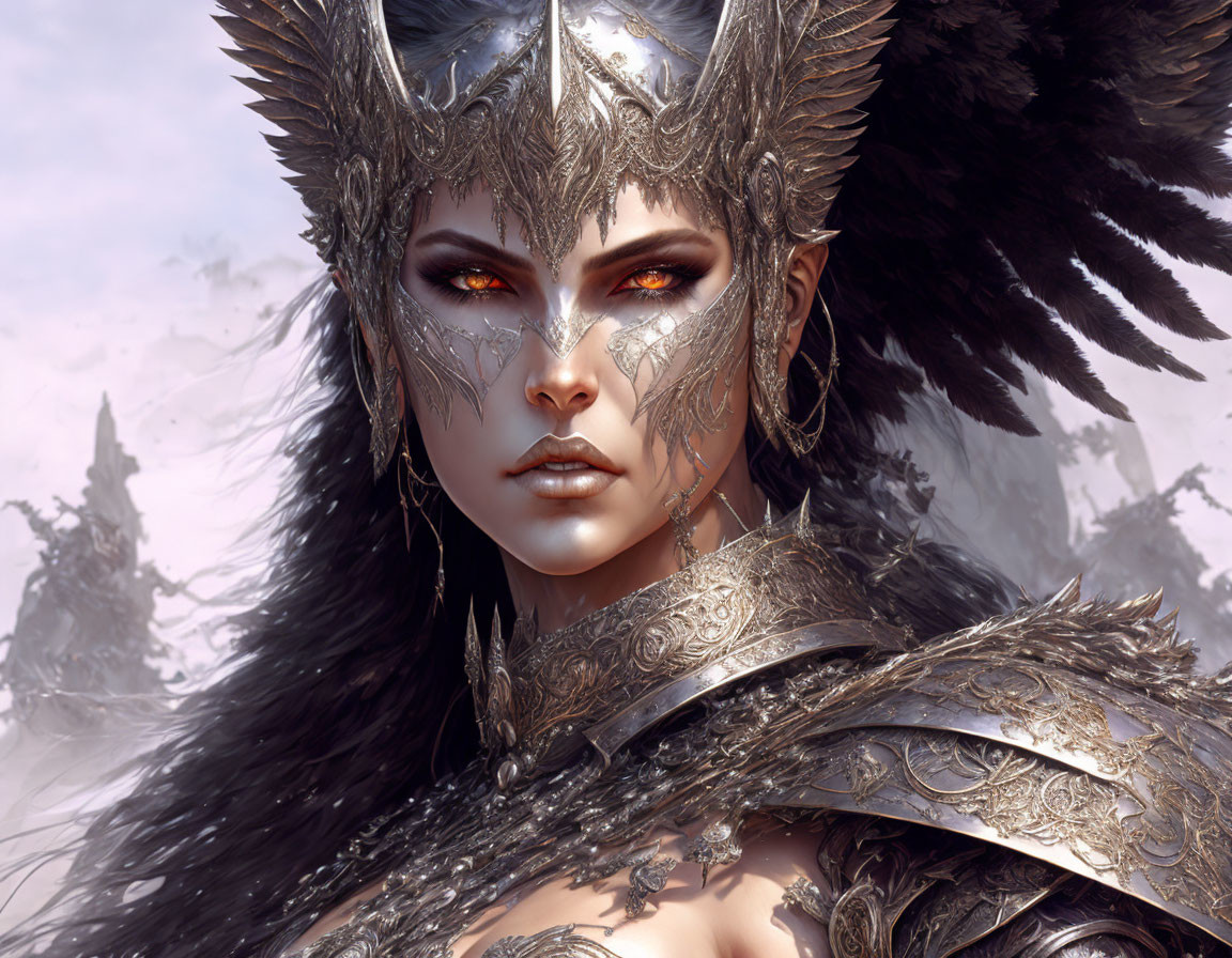 Fantasy warrior in silver armor with winged helmet and black feathered wings.