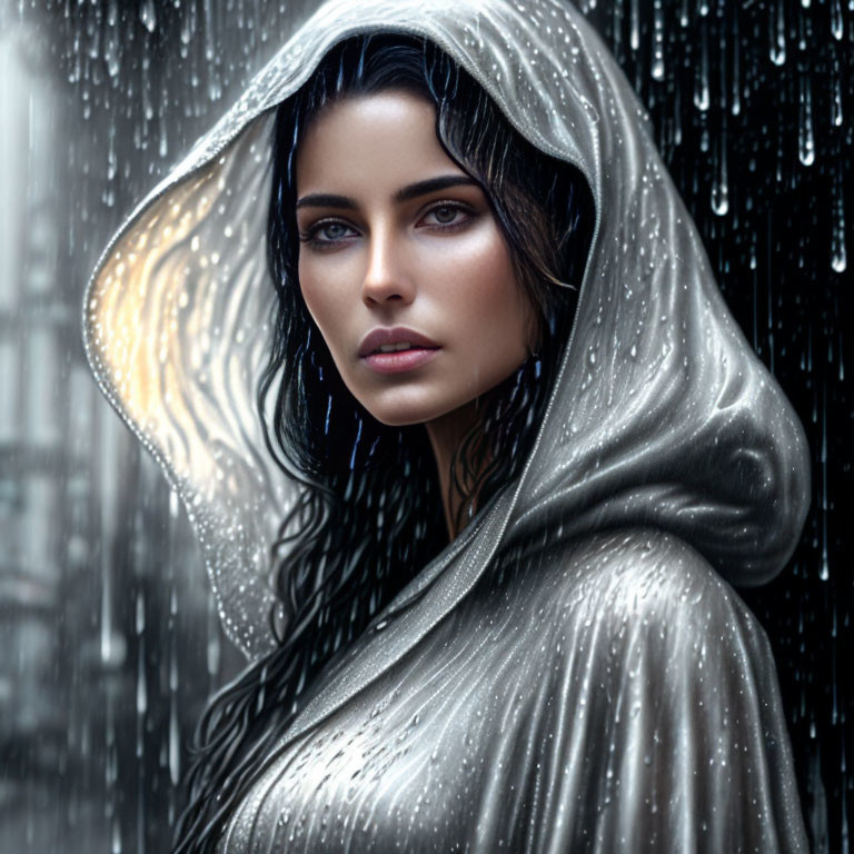 Woman with Blue Eyes and Silver Cloak in Rain