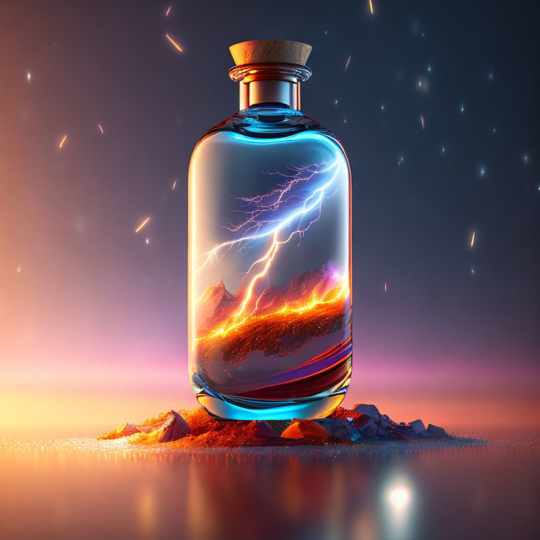 Glass bottle containing glowing landscape and lightning in twilight setting