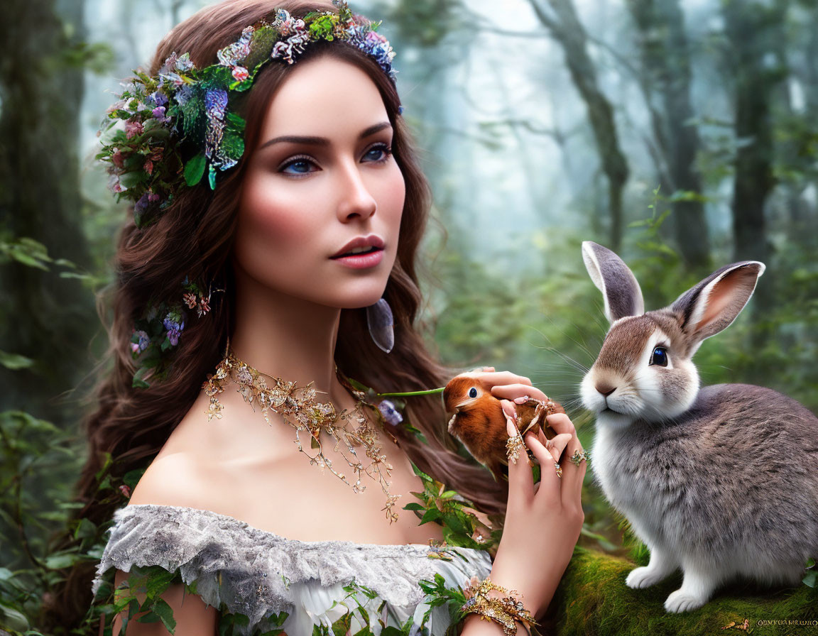 Woman with floral headband and rabbit in mystical forest setting