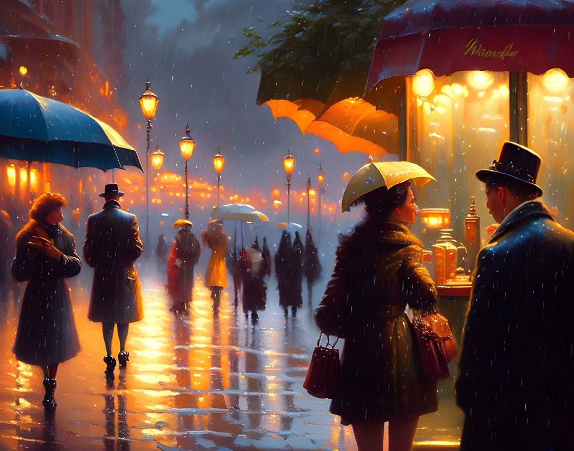 Night city street scene: people with umbrellas under warm, lamp-lit glows on wet pavement