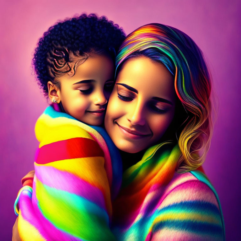 Woman and child embracing in colorful blanket on purple background