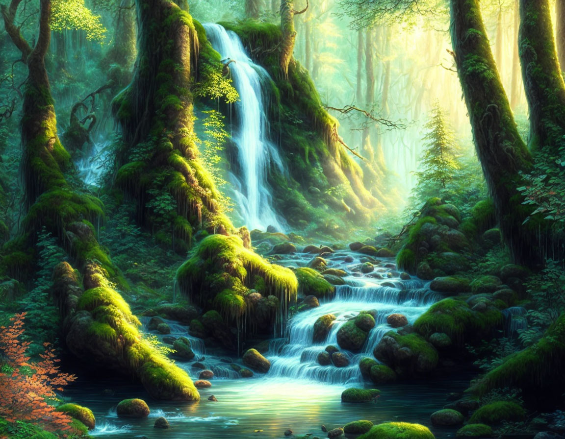 Enchanted forest scene with waterfall, moss-covered stones, and sunlight beams