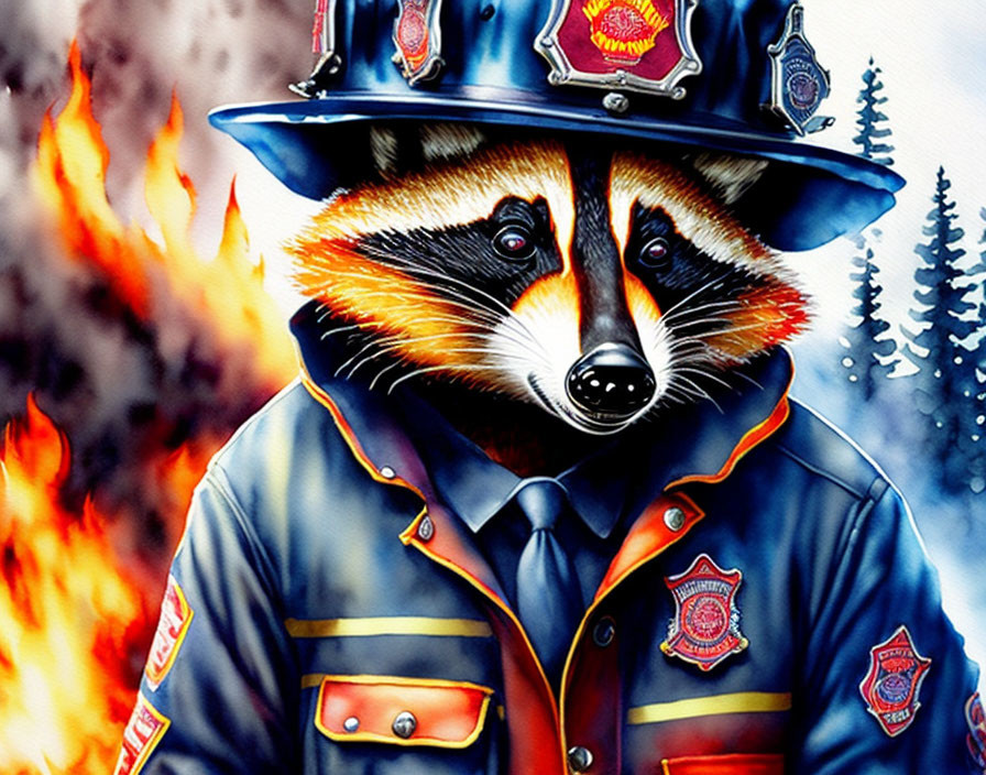 Illustrated raccoon in firefighter attire with flames backdrop